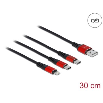 Delock USB Charging Cable 3 in 1 Type-A to Lightning™ / 2 x USB Type-C™ 30 cm