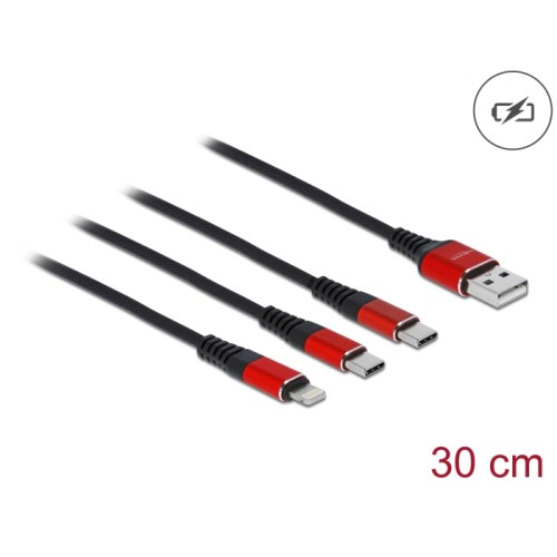 Delock USB Charging Cable 3 in 1 Type-A to Lightning™ / 2 x USB Type-C™ 30 cm