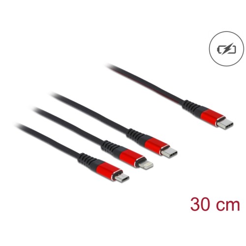 Delock USB Charging Cable 3 in 1 USB Type-C™ to Lightning™ / Micro USB / USB Type-C™ 30 cm