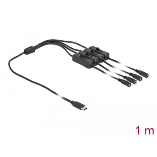 Delock Cable USB Type-C™ male to 4 x DC 5.5 x 2.1 mm female with switch 1 m