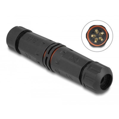 Delock Cable connector for outdoor 5 pin, IP68 waterproof, screwable, cable diameter 4.5 - 7.5 mm black