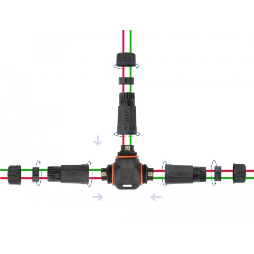 Delock Cable connector T-shape for outdoor 2 pin, IP68 waterproof, screwable, cable diameter 4.5 - 7.5 mm black
