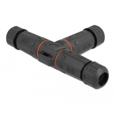 Delock Cable connector T-shape for outdoor 3 pin, IP68 waterproof, screwable, cable diameter 4.5 - 7.5 mm black