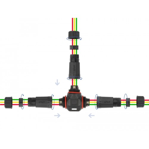 Delock Cable connector T-shape for outdoor 3 pin, IP68 waterproof, screwable, cable diameter 4.5 - 7.5 mm black