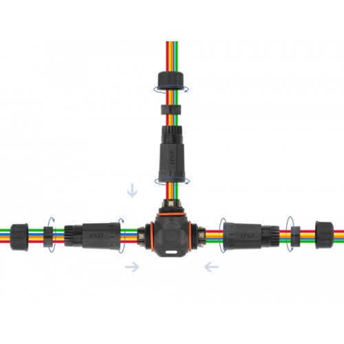 Delock Cable connector T-shape for outdoor 5 pin, IP68 waterproof, screwable, cable diameter 4.5 - 7.5 mm black