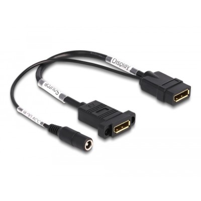 Delock DisplayPort Cable 4K 60 Hz with DC feed 2.1 x 5.5 mm 0.30 m panel-mount 2