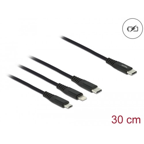 Delock USB Charging Cable 3 in 1 USB Type-C™ to Lightning™ / Micro USB / USB Type-C™ 30 cm