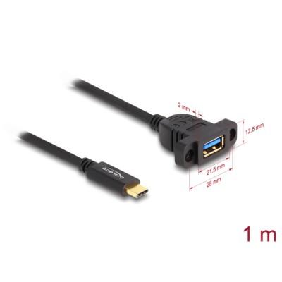 Delock SuperSpeed USB 10 Gbps (USB 3.2 Gen 2) Cable USB Type-C™ male to USB Type-A female 1 m panel-mount black