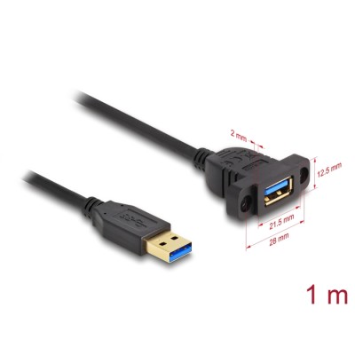Delock SuperSpeed USB 5 Gbps (USB 3.2 Gen 1) Cable USB Type-A male to female 1 m panel-mount black