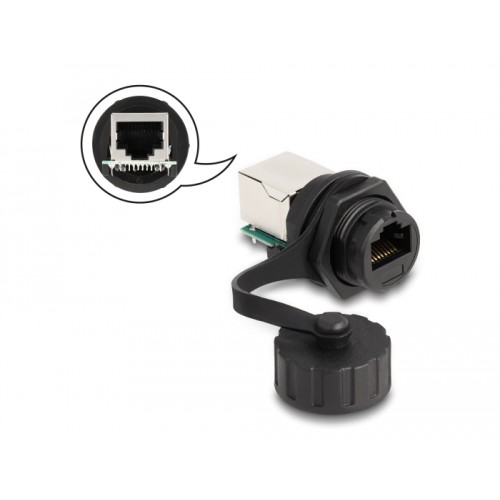 Delock Cable Connector RJ50 jack to RJ50 jack for installation with protective cap IP68 dust and waterproof black