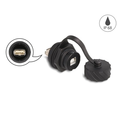 Delock Cable Connector USB 2.0 Type-B female to USB 2.0 Type-A female for installation with bayonet protective cap IP68 dust- an