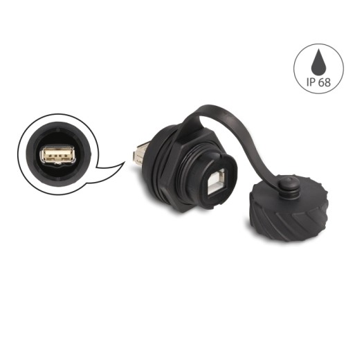 Delock Cable Connector USB 2.0 Type-B female to USB 2.0 Type-A female for installation with bayonet protective cap IP68 dust- an