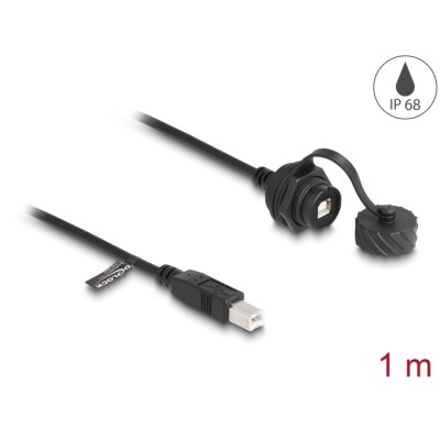 Delock Cable USB 2.0 Type-B male to USB 2.0 Type-B female for installation with bayonet protective cap IP68 dust and waterproof 