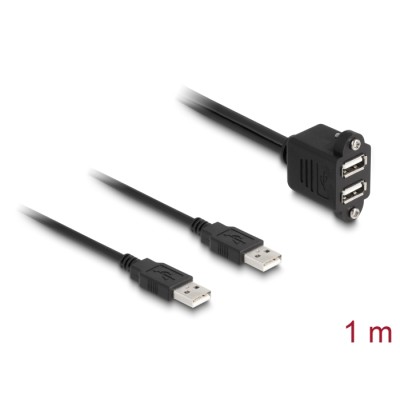 Delock USB 2.0 Cable 2 x USB Type-A male to 2 x USB Type-A female with screws for built-in 1 m black