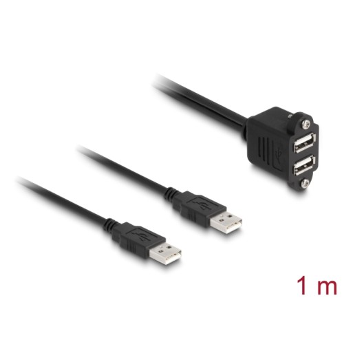 Delock USB 2.0 Cable 2 x USB Type-A male to 2 x USB Type-A female with screws for built-in 1 m black