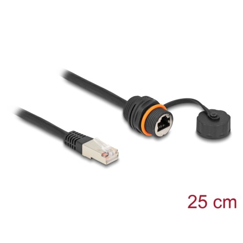 Delock Cable RJ45 plug to RJ45 jack Cat.6A for built-in with M20 thread and protective cap IP68 dust and waterproof 25 cm black