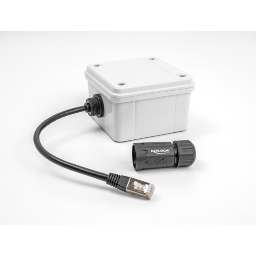 Delock Cable RJ45 plug to RJ45 jack Cat.6A for built-in with M20 thread and housing IP68 dust and waterproof 25 cm black