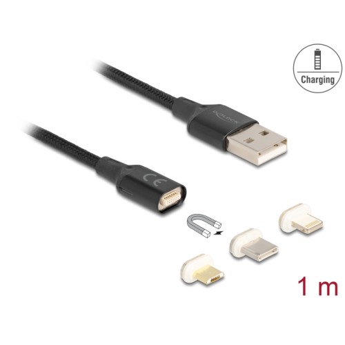 Delock Magnetic USB Charging Cable Set for 8 Pin Lightning™ / Micro USB / USB Type-C™ black 1 m