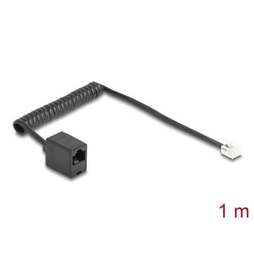 Delock Telephone Cable / Coiled Cable RJ11 plug to RJ45 jack black 1 m