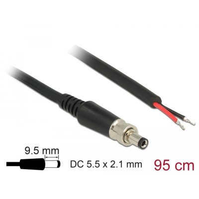 Delock Power cable DC 5.5 x 2.1 x 9.5 mm screwable to open wire ends 95 cm