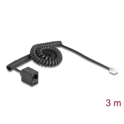 Delock Telephone Cable / Coiled Cable RJ11 plug to RJ45 jack black 3 m