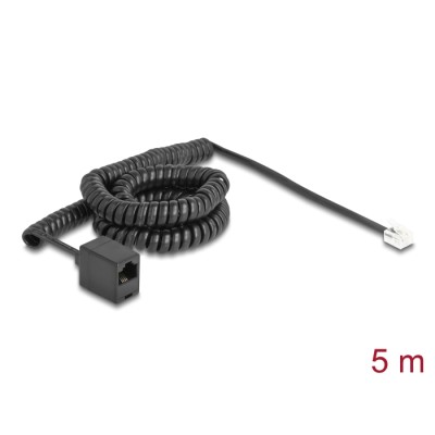 Delock Telephone Cable / Coiled Cable RJ11 plug to RJ45 jack black 5 m