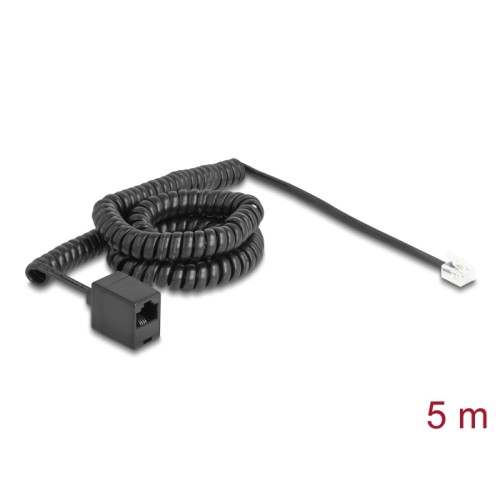 Delock Telephone Cable / Coiled Cable RJ11 plug to RJ45 jack black 5 m