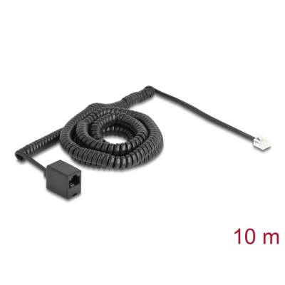 Delock Telephone Cable / Coiled Cable RJ11 plug to RJ45 jack black 10 m