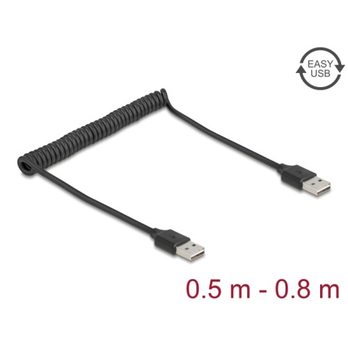 Delock Coiled Cable EASY-USB 2.0 Type-A male to EASY-USB Type-A male 0.5 m to 0.8 m black