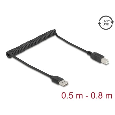Delock Coiled Cable EASY-USB 2.0 Type-A male to USB Type-B male 0.5 m to 0.8 m black