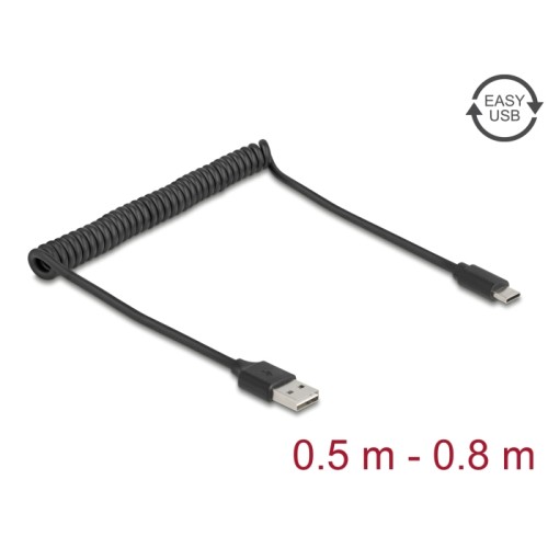 Delock Coiled Cable EASY-USB 2.0 Type-A male to USB Type-C™ male 0.5 m to 0.8 m black