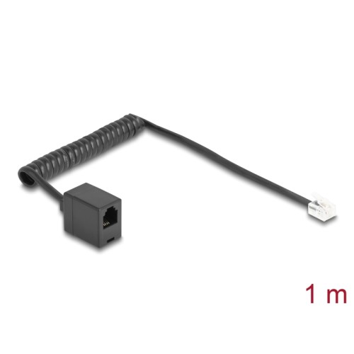 Delock Telephone Cable / Coiled Cable RJ11 plug to RJ11 jack black 1 m