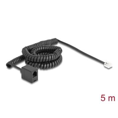 Delock Telephone Cable / Coiled Cable RJ11 plug to RJ11 jack black 5 m