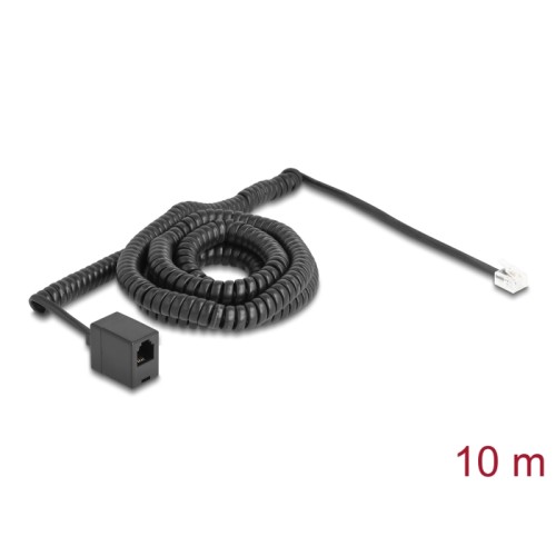 Delock Telephone Cable / Coiled Cable RJ11 plug to RJ11 jack black 10 m