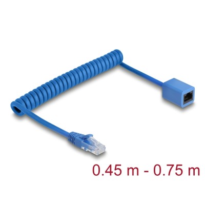 Delock RJ45 Coiled Cable plug to jack Cat.6 UTP 0.45 m to 0.75 m blue