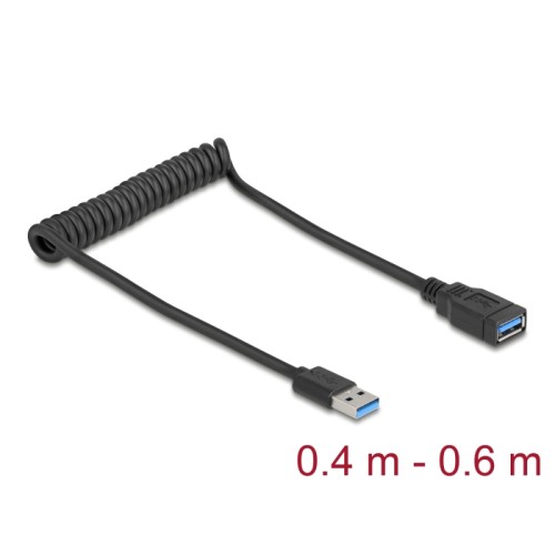 Delock USB 5 Gbps Coiled Cable Type-A male to Type-A female 0.4 to 0.6 m black