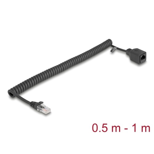Delock RJ45 Coiled Cable plug to jack Cat.5e UTP 0.5 m to 1 m black