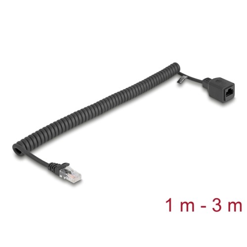 Delock RJ45 Coiled Cable plug to jack Cat.5e UTP 1 m to 3 m black