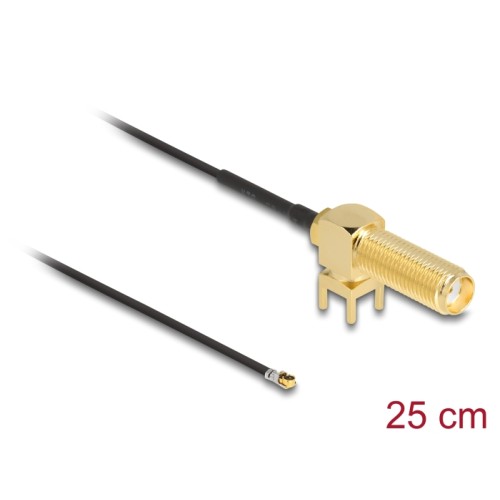 Delock Antenna Cable SMA 90° PCB jack bulkhead to I-PEX Inc., MHF® 4L plug 1.13 25 cm thread length 15 mm