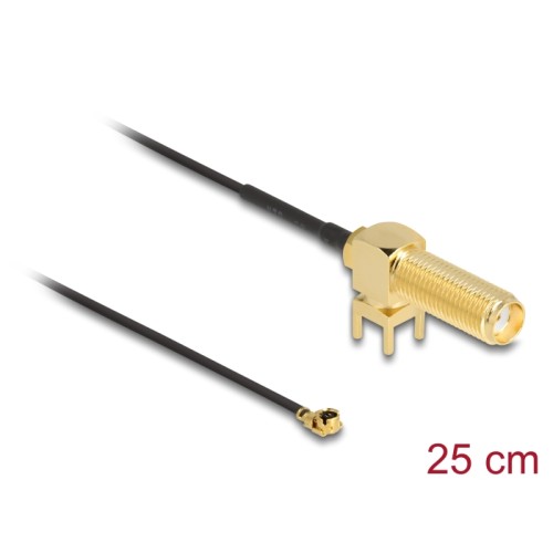 Delock Antenna Cable SMA 90° PCB jack bulkhead to I-PEX Inc., MHF® I plug 1.13 25 cm thread length 15 mm