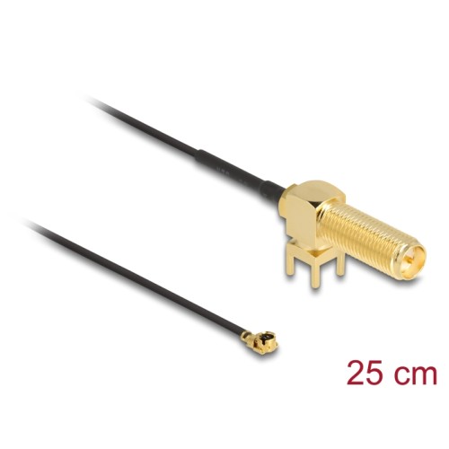 Delock Antenna Cable RP-SMA 90° PCB jack bulkhead to I-PEX Inc., MHF® I plug 1.13 25 cm thread length 15 mm