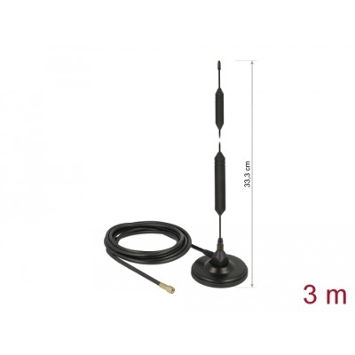 Delock GSM Antenna quadband SMA plug 5 dBi fixed omnidirectional with magnetic base and connection cable RG-58 3 m outdoor black