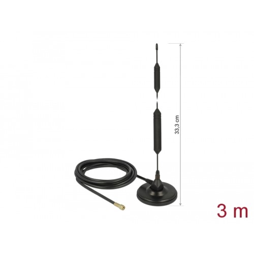 Delock GSM Antenna quadband SMA plug 5 dBi fixed omnidirectional with magnetic base and connection cable RG-58 3 m outdoor black