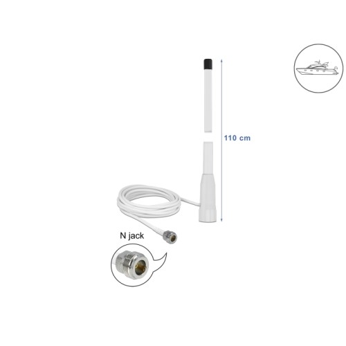 Delock WLAN 802.11 b/g/n Marine Antenna N jack 10 dBi 110.5 cm fixed omnidirectional with connection cable RG-58 U 3 m outdoor w