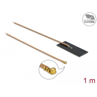 Delock WLAN 802.11 ac/ax/a/h/b/g/n Antenna MHF® I plug 0.5 - 1.2 dBi RG-178 1 m PCB internal self adhesive