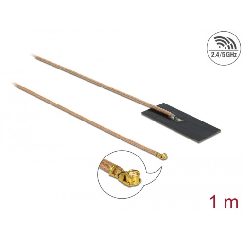 Delock WLAN 802.11 ac/ax/a/h/b/g/n Antenna MHF® I plug 0.5 - 1.2 dBi RG-178 1 m PCB internal self adhesive