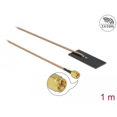 Delock WLAN 802.11 ac/ax/a/h/b/g/n Antenna SMA plug 0.5 - 1.2 dBi RG-178 1 m PCB internal self adhesive