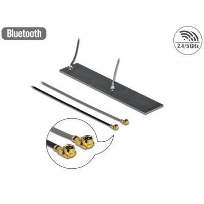 Delock WLAN 802.11 ac/ax/a/h/b/g/n Twin Antenna 2 x MHF® I plug 2.2 – 4.0 dBi 2 x 15 cm PCB internal self adhesive