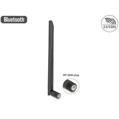 Delock WLAN 802.11 a/ax/a/b/g/n Antenna RP-SMA plug 5 dBi 20 cm omnidirectional with tilt joint flexible and rubber surface blac