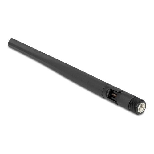 Delock WLAN 802.11 a/ax/a/b/g/n Antenna RP-SMA plug 5 dBi 20 cm omnidirectional with tilt joint flexible and rubber surface blac